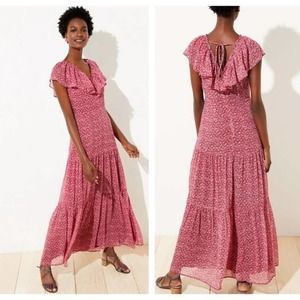 Loft Red Floral Flounce Sleeve Tie Back Maxi Dress